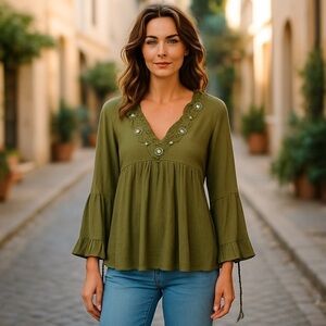 Geeta Olive Boho Top | Embroidered Free Size India Cotton